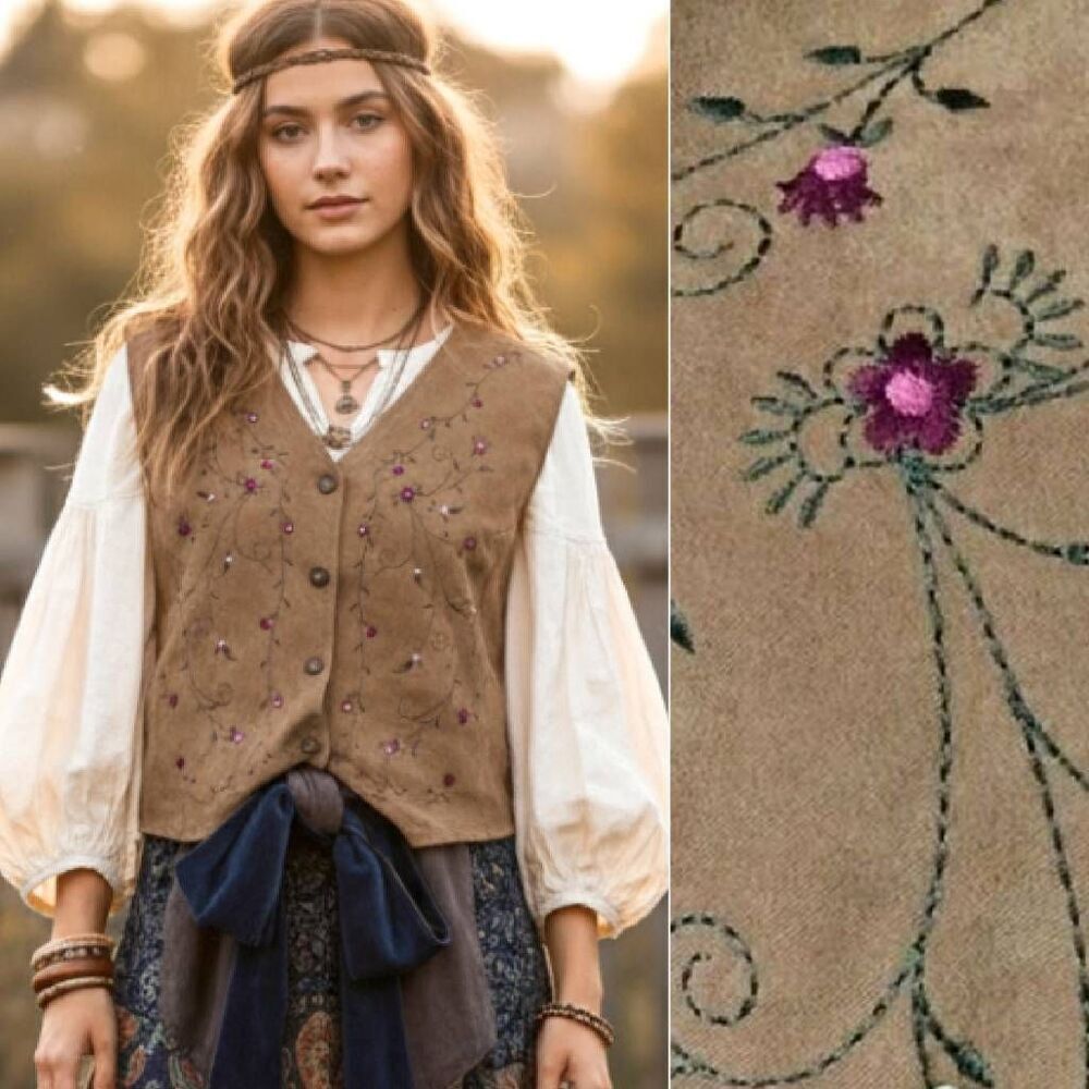 VTG Brown Floral Embroidered Faux Suede Button Front Vest Med NWT Deadstock